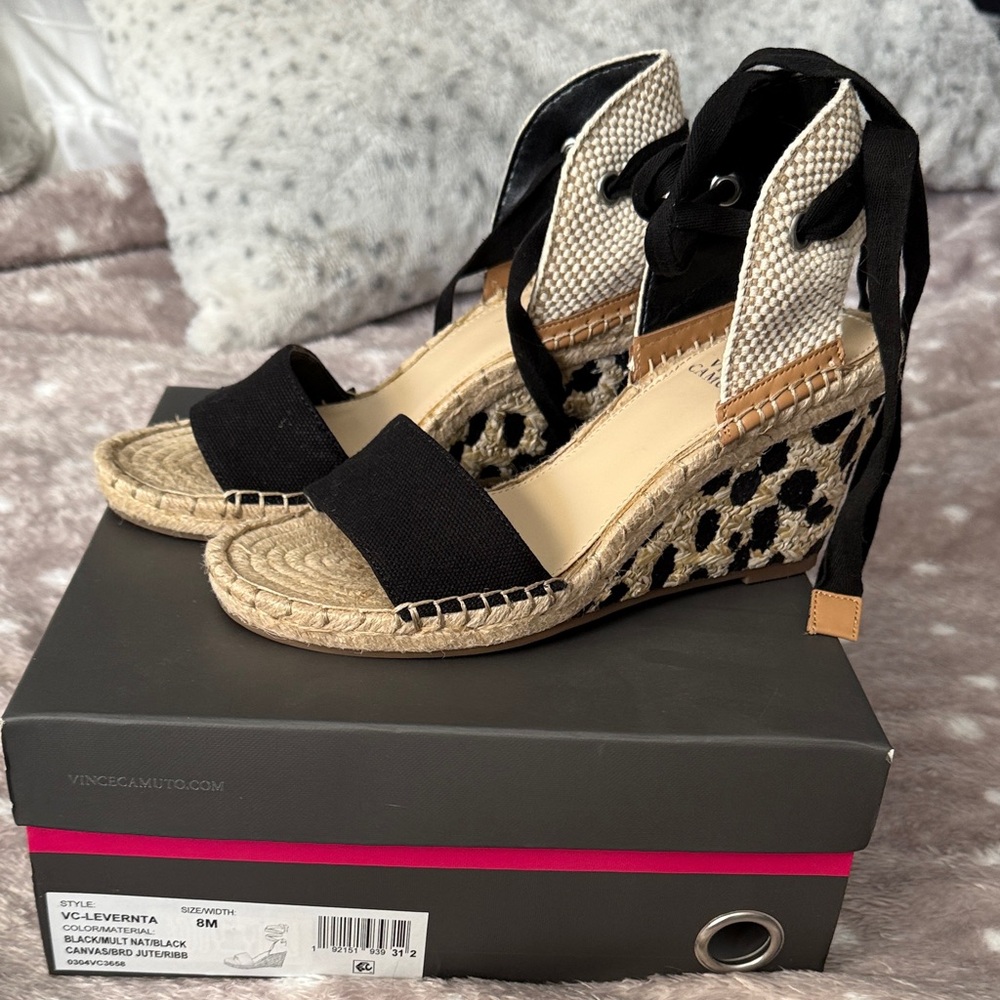 Vince Camuto Black and Tan Espadrille Wedges